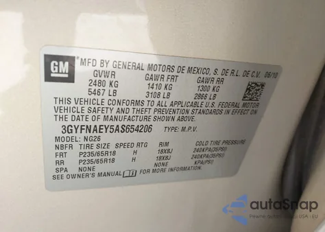 2010 Cadillac Srx Luxury Collection z USA, uszkodzony, nr VIN 3GYFNAEY5AS654206